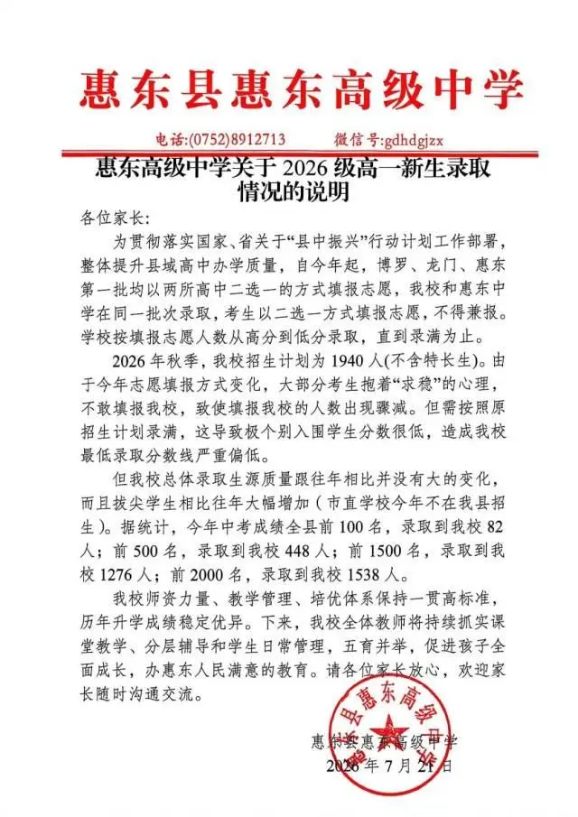 學校說明來了！惠州這所中學錄取分數線較去年下降近180分